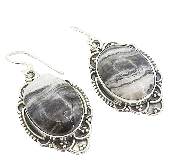 925 Sterling Silver  Vintage Cabochon Cut Grey Agate Dangle Earrings  EG3168
