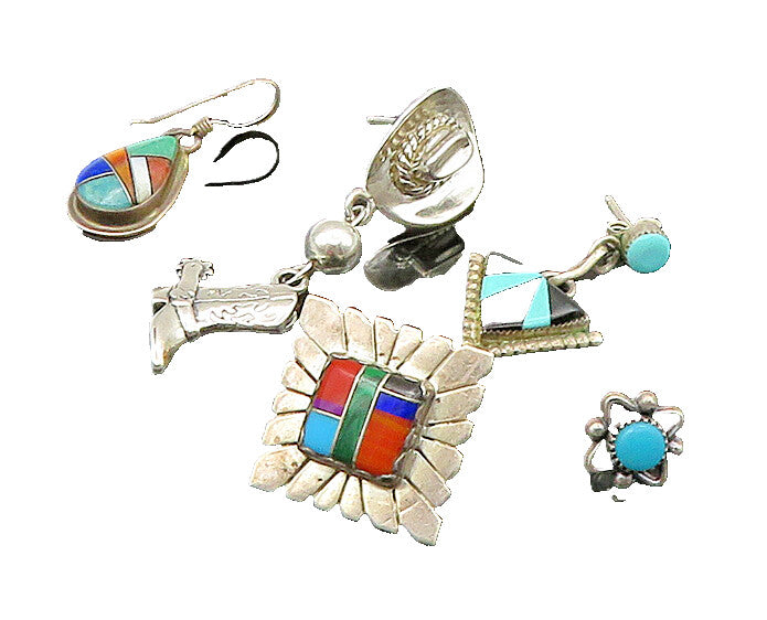 ZUNI NAVAJO 925 Sterling Silver Vintage Multi Stone Lot Single Earrings EG11258