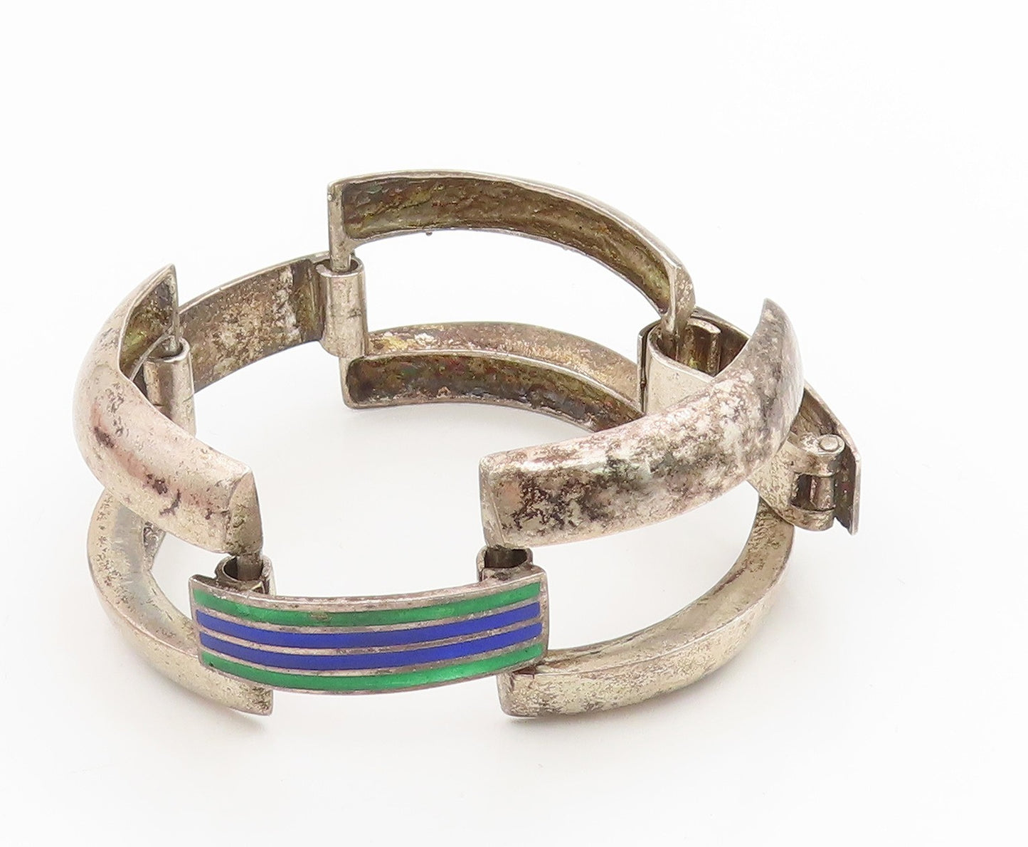 925 Sterling Silver Vintage Bracelet EUROPE Enamel Striped Panel Link  BT11522