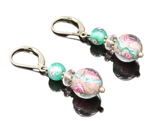 925 Silver  Vintage Beautiful Floral Bead Glass Art Dangle Earrings  EG12270