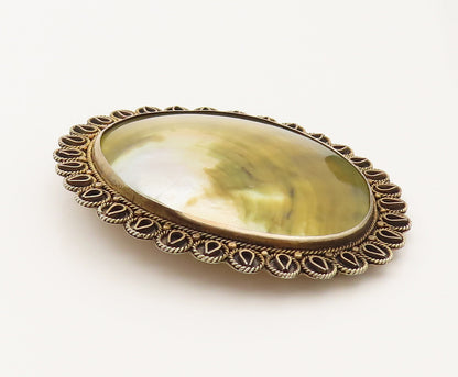 ISRAEL 925 Silver  Vintage Large Mother Of Pearl Shell Brooch Pin  BP10231