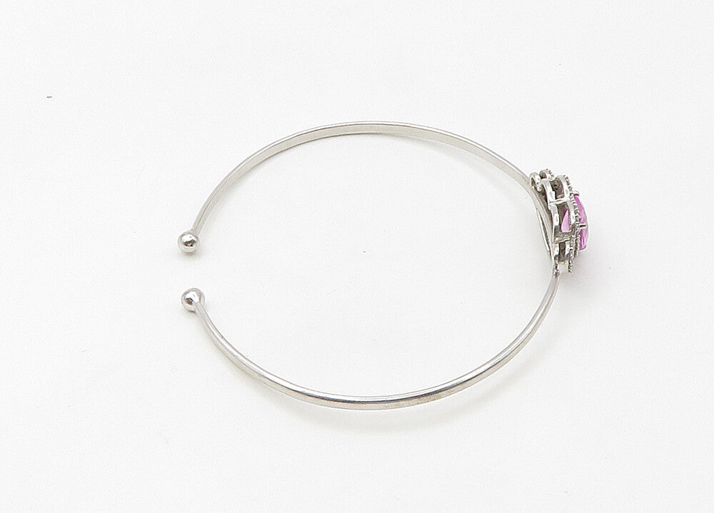 925 Silver  Vintage Genuine Diamonds & Pink Topaz Heart Cuff Bracelet  BT8541