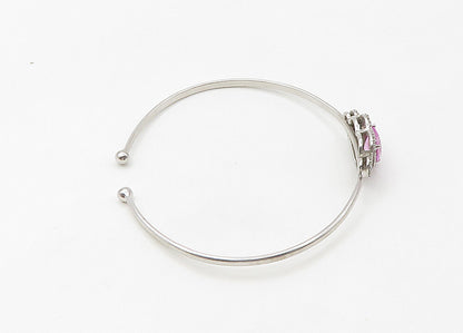 925 Silver  Vintage Genuine Diamonds & Pink Topaz Heart Cuff Bracelet  BT8541