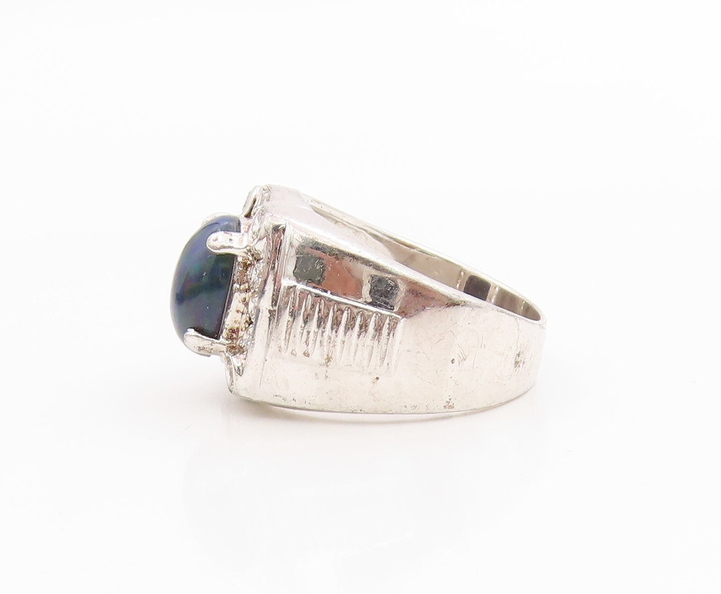 925 Sterling Silver Vintage Ring Oval Opal & Halo CZ Geometric Band Sz 7 RG33925