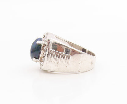 925 Sterling Silver Vintage Ring Oval Opal & Halo CZ Geometric Band Sz 7 RG33925