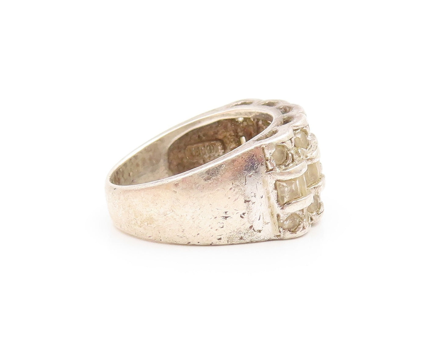 925 Sterling Silver  Vintage White Topaz Three Row Band Ring  Sz 6  RG20423