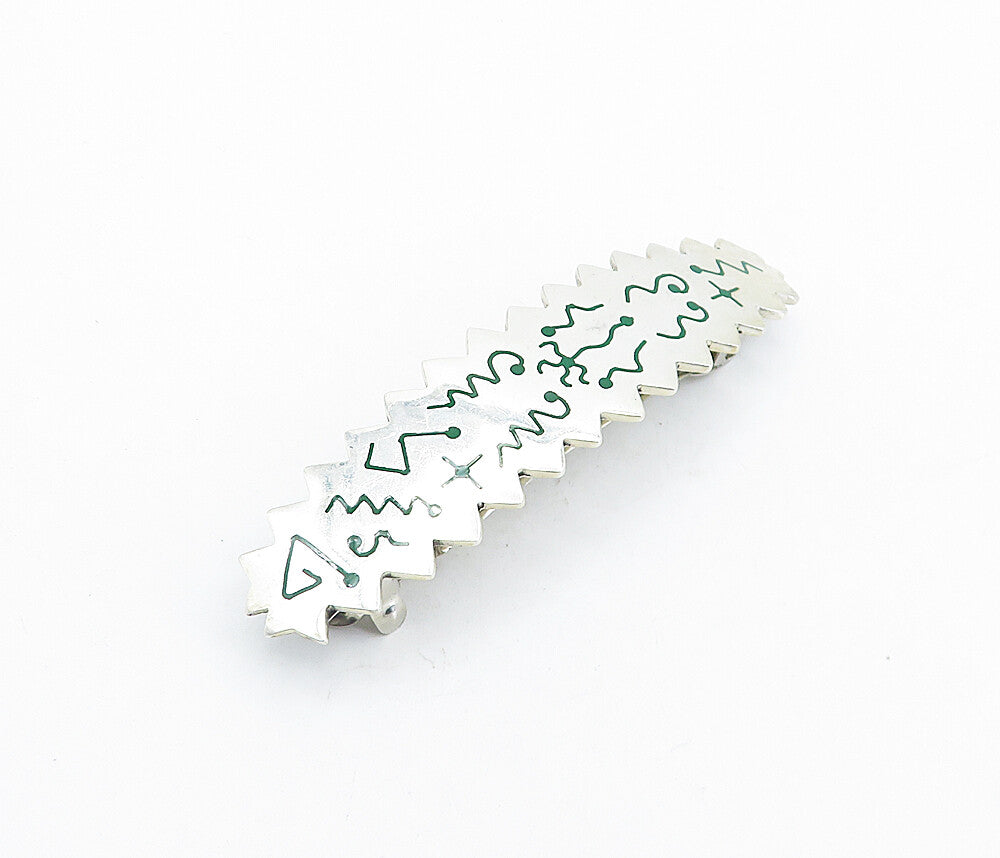 MEXICO 925 Sterling Silver  Vintage Enamel Pattern Serrated Hair Clip  TR1174