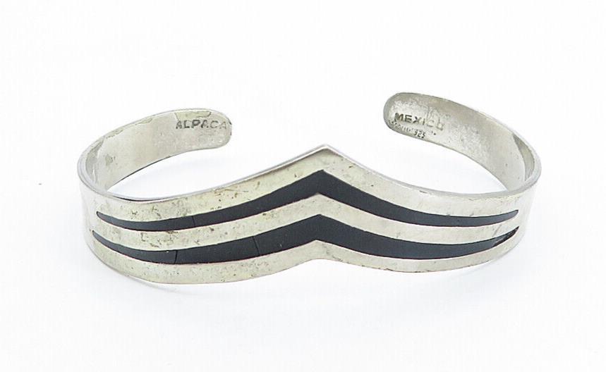 MEXICO 925 Silver  Vintage Black Onyx Striped Pointed Cuff Bracelet  BT2522