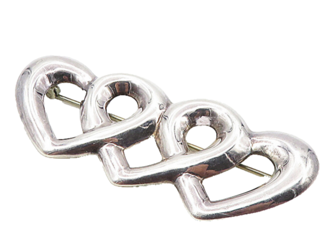 925 Sterling Silver  Vintage Shiny Smooth Open Love Hearts Brooch Pin  BP3430