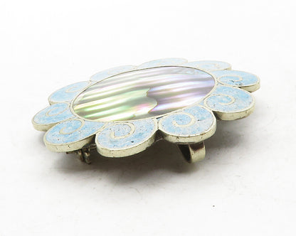 MEXICO 925 Silver  Vintage Abalone & Turquoise Swirl Flower Brooch Pin  BP4839