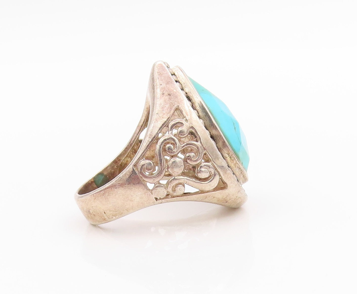 925 Sterling Silver Vintage Ring Drop Cut Turquoise Bead Border  Sz 6  RG33316