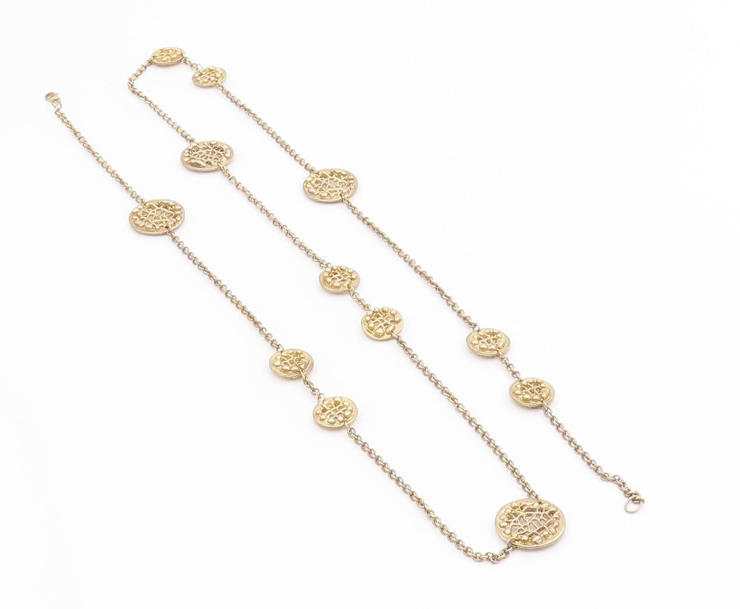925 Sterling Silver Vintage Necklace Intricate Openwork Disc Long Chain  NE4717