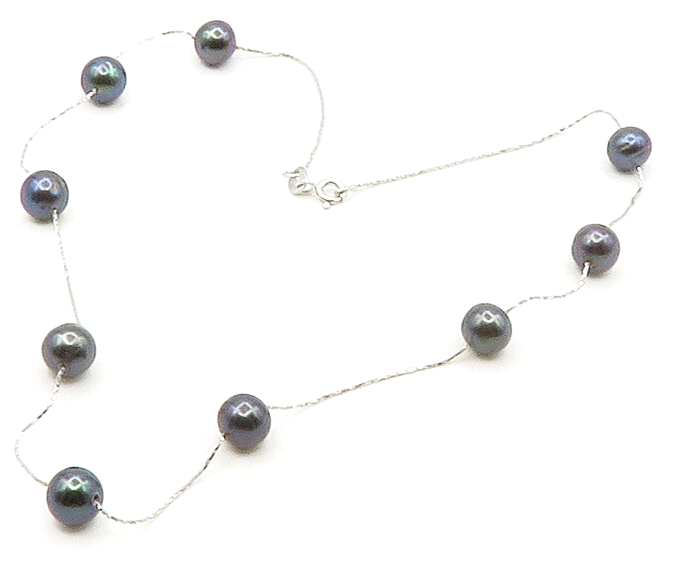 925 Sterling Silver  Smooth Blue Pearls Shiny Thin Chain Necklace  NE2667