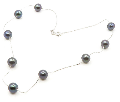 925 Sterling Silver  Smooth Blue Pearls Shiny Thin Chain Necklace  NE2667