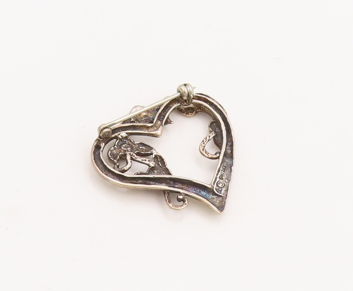925 Sterling Silver Vintage Brooch Pin Solid Cutout Floral Love Heart  BP11085