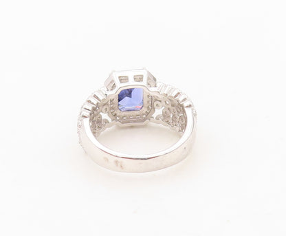 925 Sterling Silver Vintage Ring Square Cut Sapphire & CZ Band  Sz 7  RG30419