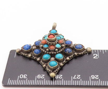 925 Sterling Silver Vintage Pendant Turquoise Lapis Lazuli Carnelian  PT24166