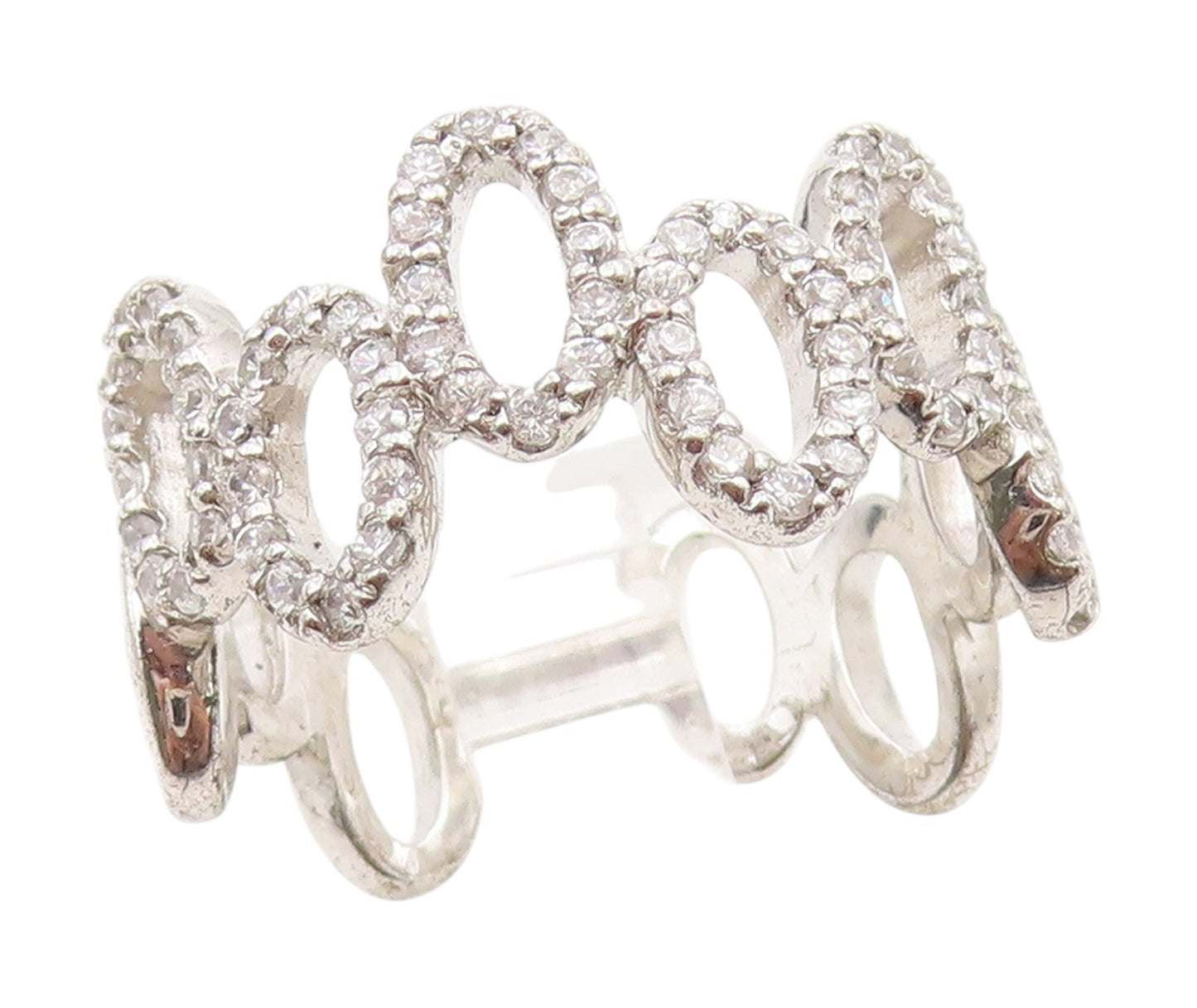 925 Sterling Silver Vintage Ring CZ Interlocking Wavy Oval Loop Sz 8 RG34468