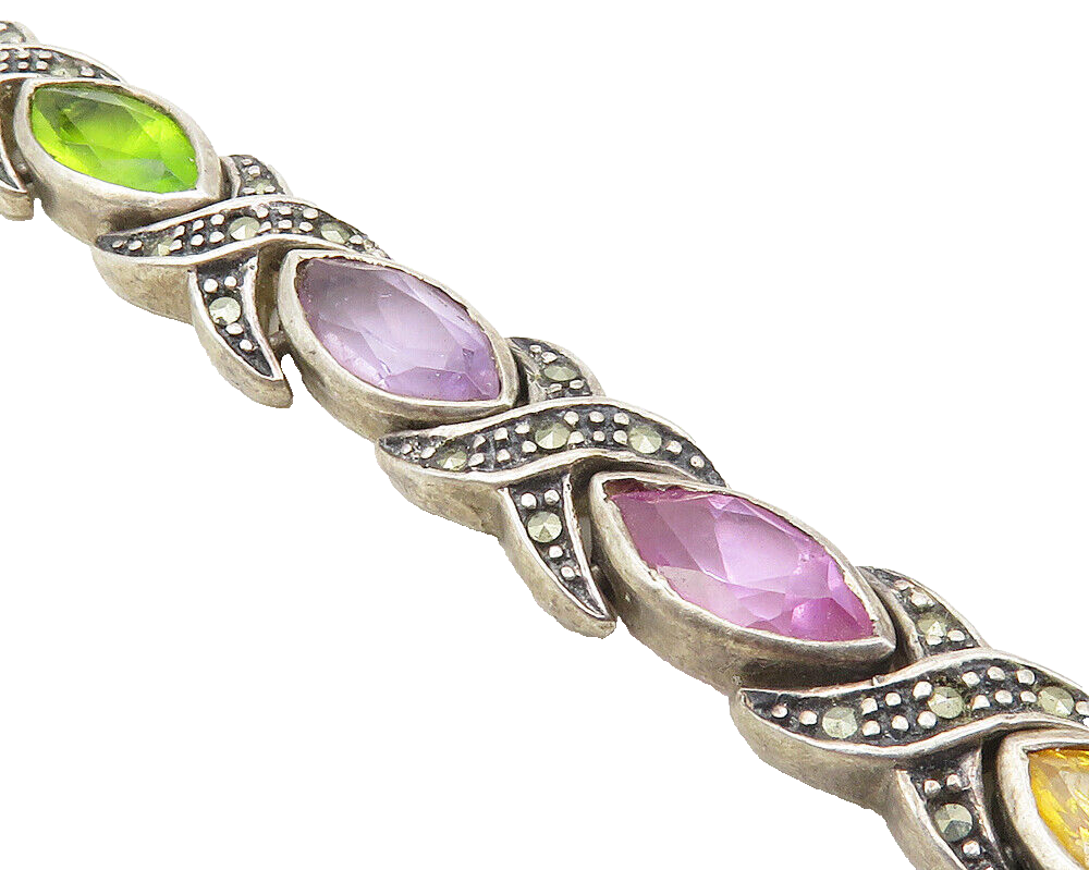 925 Sterling Silver Vintage Amethyst & Multi Stone Chain Bracelet BT4347