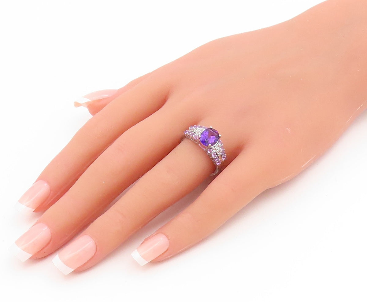 925 Sterling Silver Vintage Ring Oval Cut Amethyst Statement Band  Sz 8  RG35081