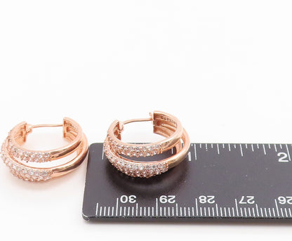 925 Sterling Silver Vintage Earrings Gold Plated Triple Row CZ Hoops  EG14327