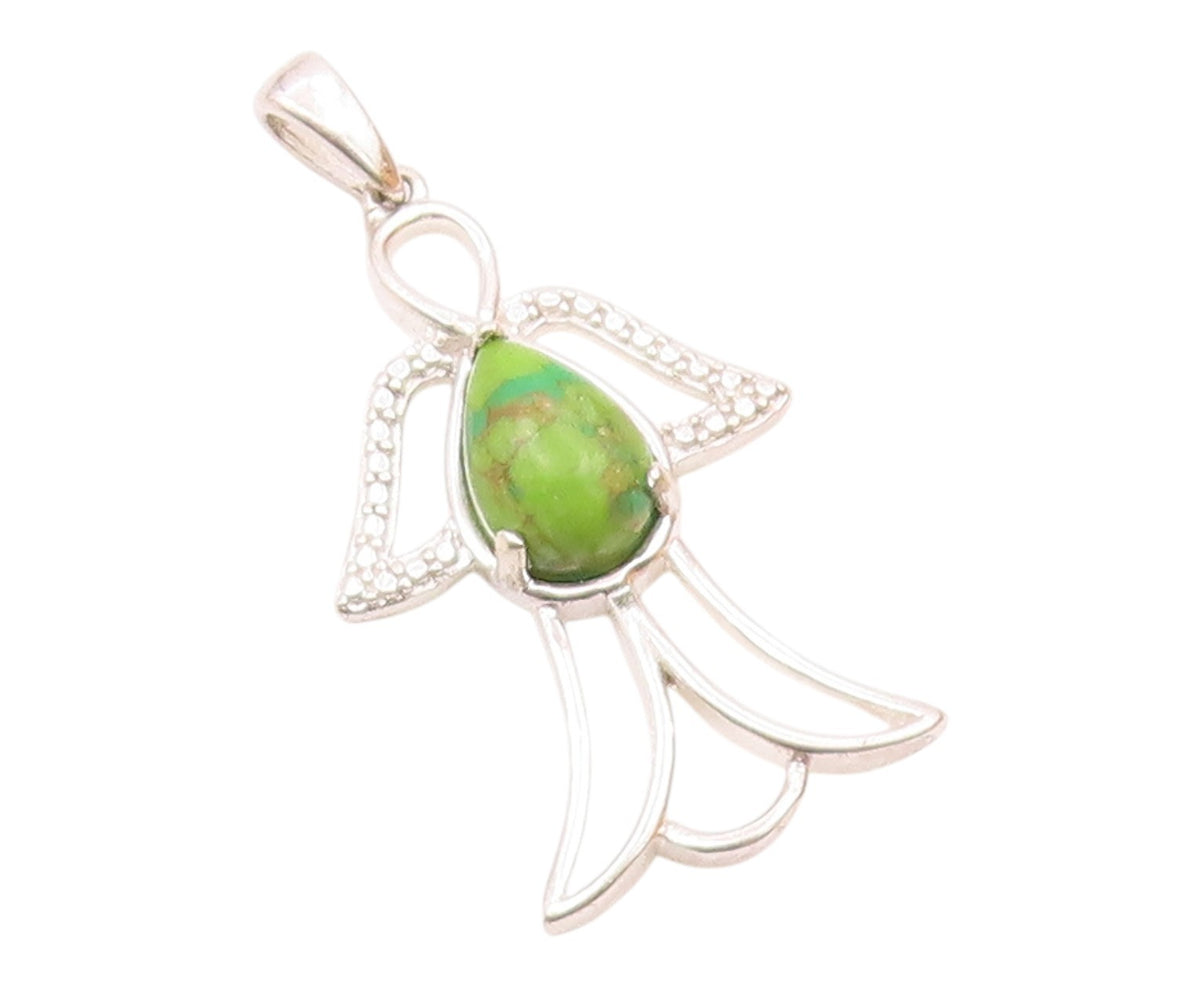 925 Sterling Silver  Vintage Cabochon Turquoise Angel Motif Pendant  PT15836