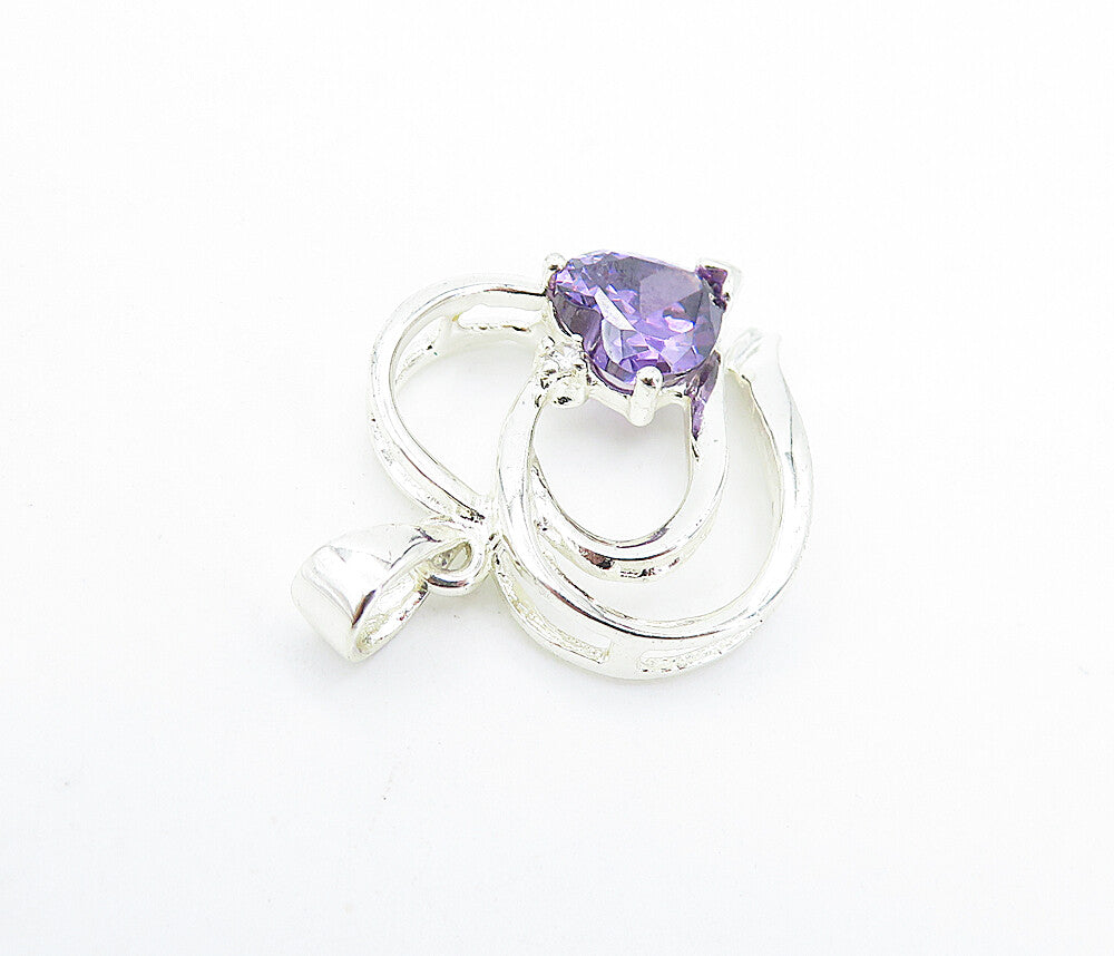 925 Sterling Silver  Amethyst Open Love Heart Polished Drop Pendant  PT4746
