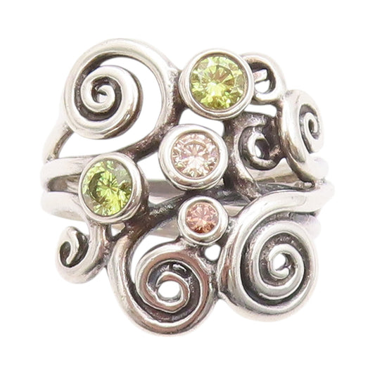 925 Sterling Silver Vintage Ring CZ Peridot Spirals Cutout  Sz 6.5  RG32161