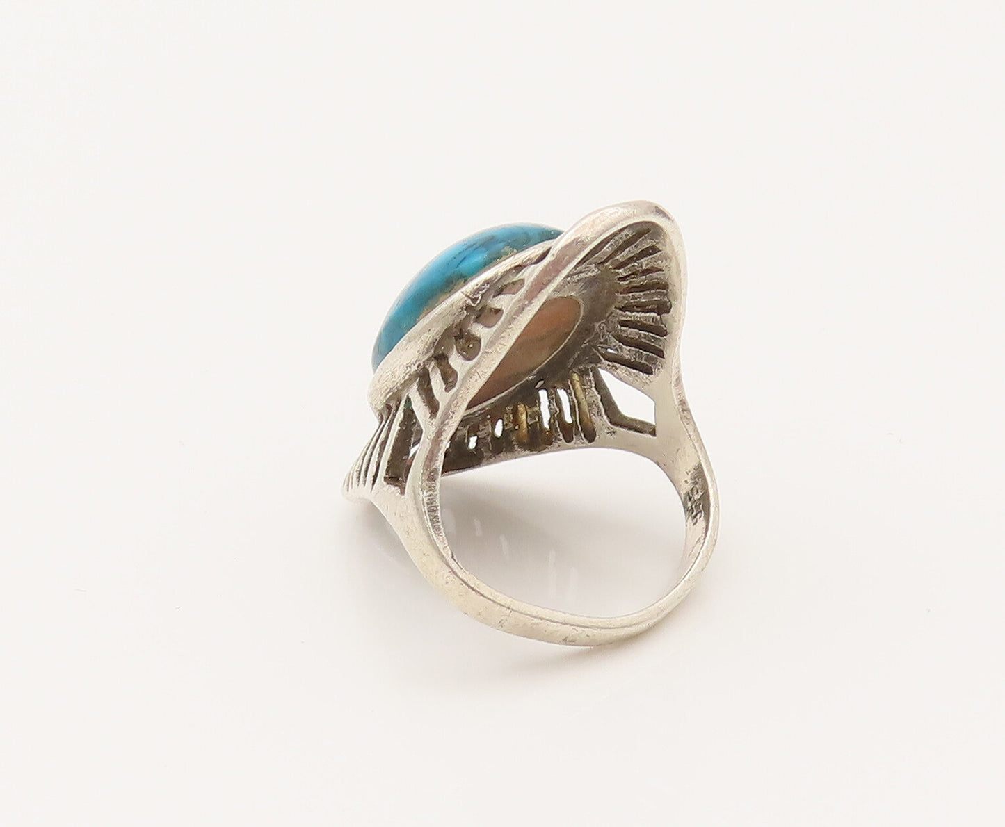 925 Sterling Silver  Vintage Open Lines Frame Turquoise Ring Sz 5.5  RG26373