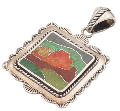 CAROLYN POLLACK 925 Silver  Vintage Inlay Landscape Square Pendant  PT22174