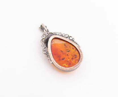 925 Sterling Silver Vintage Pendant POLAND Teardrop Amber Grape & Leaf  PT26034