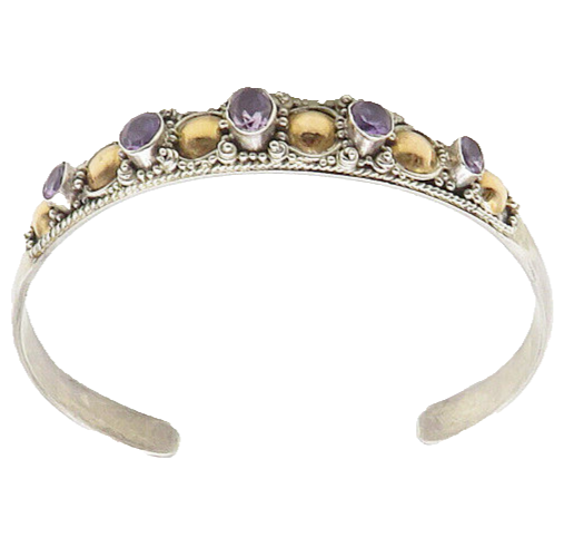 925 Silver & 18K GOLD  Vintage Amethyst Two Tone Shiny Cuff Bracelet  BT7787