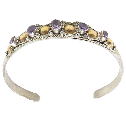 925 Silver & 18K GOLD  Vintage Amethyst Two Tone Shiny Cuff Bracelet  BT7787