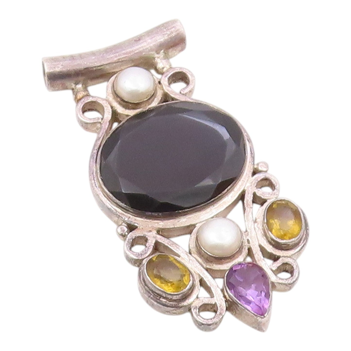 925 Silver  Vintage Black Spinel Pearls Citrine & Amethyst Pendant  PT17026