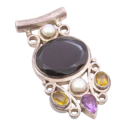 925 Silver  Vintage Black Spinel Pearls Citrine & Amethyst Pendant  PT17026