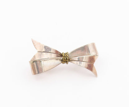 MEXICO 925 Silver  Vintage Two Tone Rope Wrapped Bow Tie Brooch Pin  BP9671