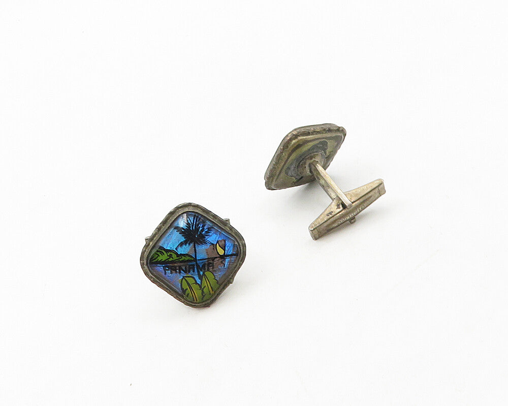 925 Sterling Silver  Vintage Enamel Panama Island Scene Cufflinks  TR2431