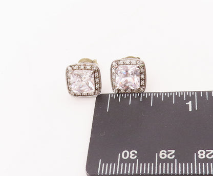 925 Sterling Silver Vintage Earrings Square Cut Halo CZ Band Studs  EG12902