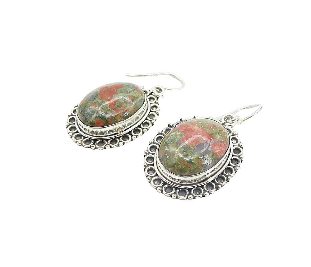 925 Sterling Silver  Vintage Unakite Circle Border Dangle Earrings  EG3557