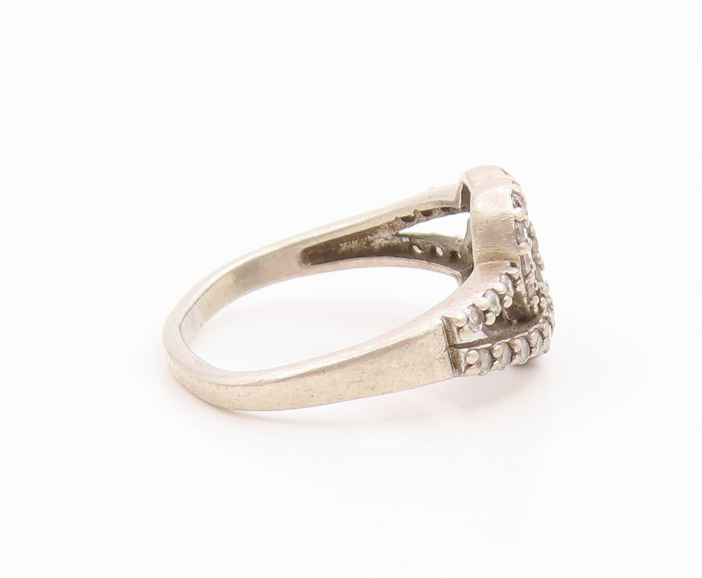 925 Sterling Silver Vintage Ring CZ Interlocking Love Heart Band  Sz 8  RG35563