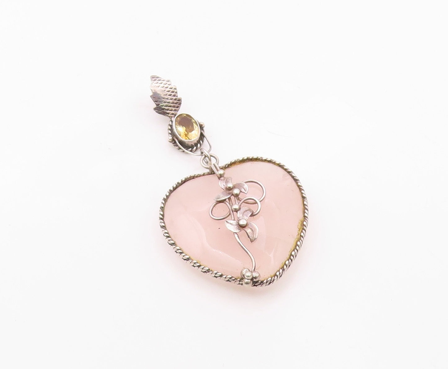 925 Silver  Vintage Rose Quartz Heart & Citrine Floral Vine Pendant  PT16762