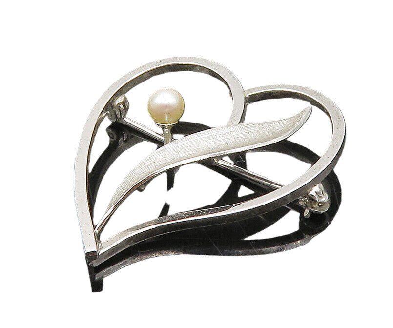 VAN DELL 925 Silver  Vintage Shiny Petite Pearl Floral Heart Brooch Pin BP7689