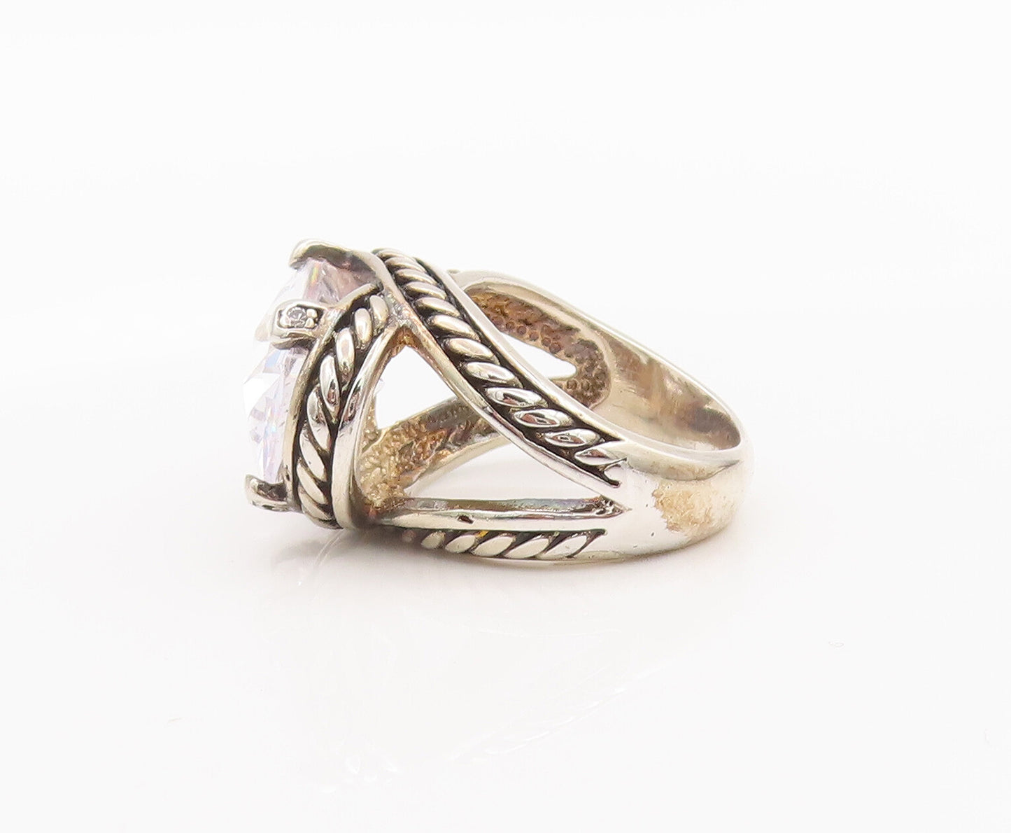 925 Sterling Silver Vintage Ring CZ Twisted Rope Carved Split Neck Sz 6  RG27747