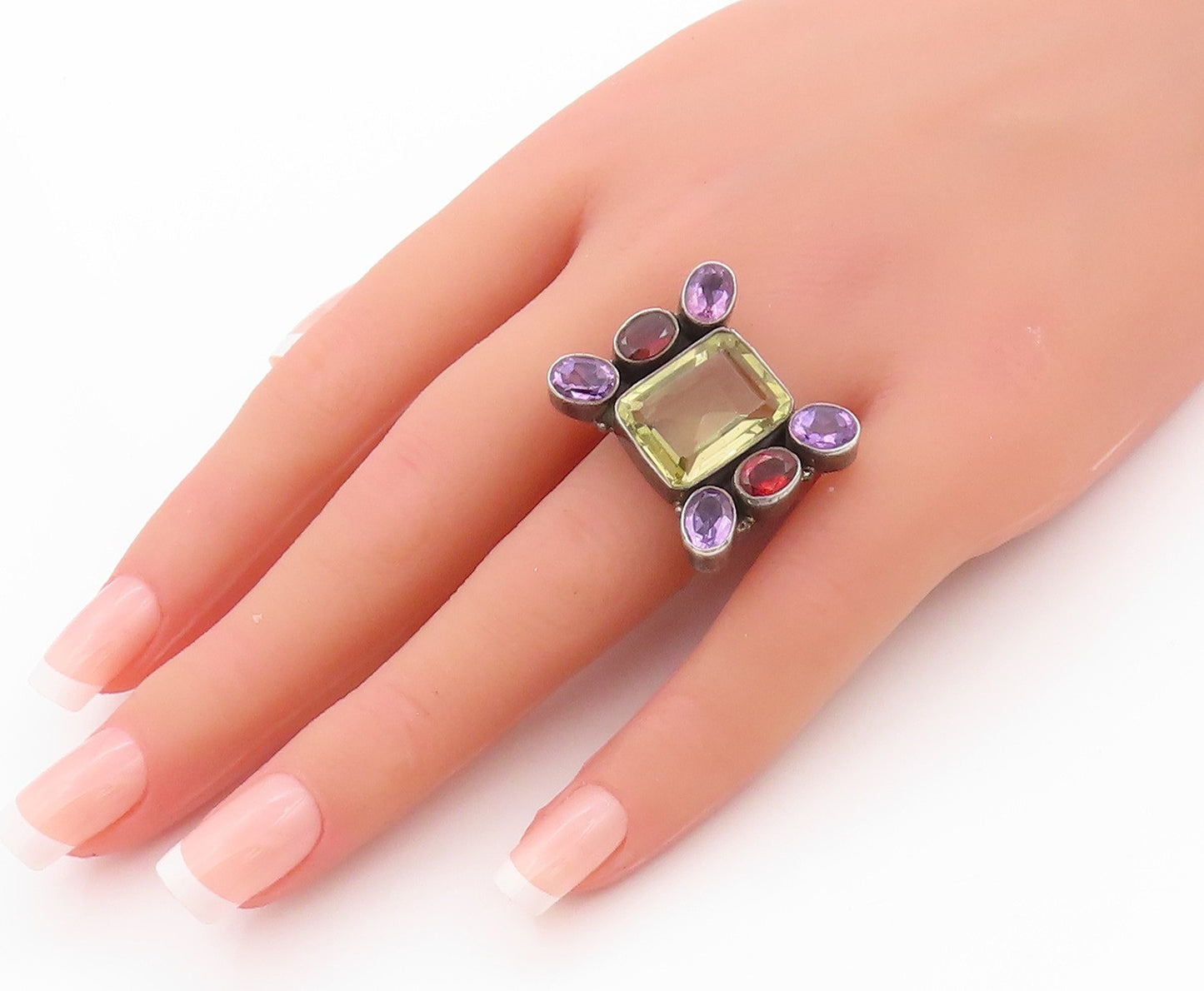 925 Sterling Silver Vintage Ring  Amethyst Garnet Citrine  Sz 8  RG32483