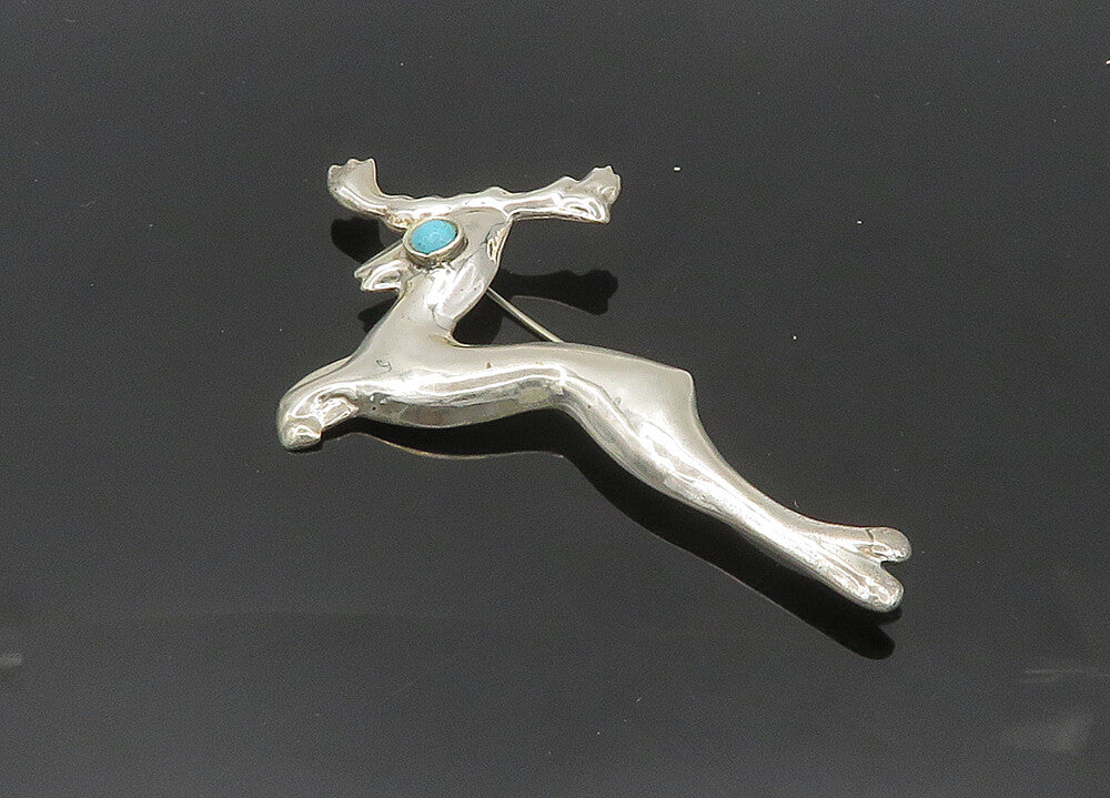 MEXICO 925 Sterling Silver  Vintage Turquoise Eye Reindeer Brooch Pin  BP8262