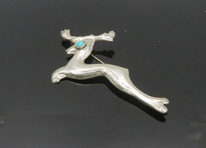 MEXICO 925 Sterling Silver  Vintage Turquoise Eye Reindeer Brooch Pin  BP8262