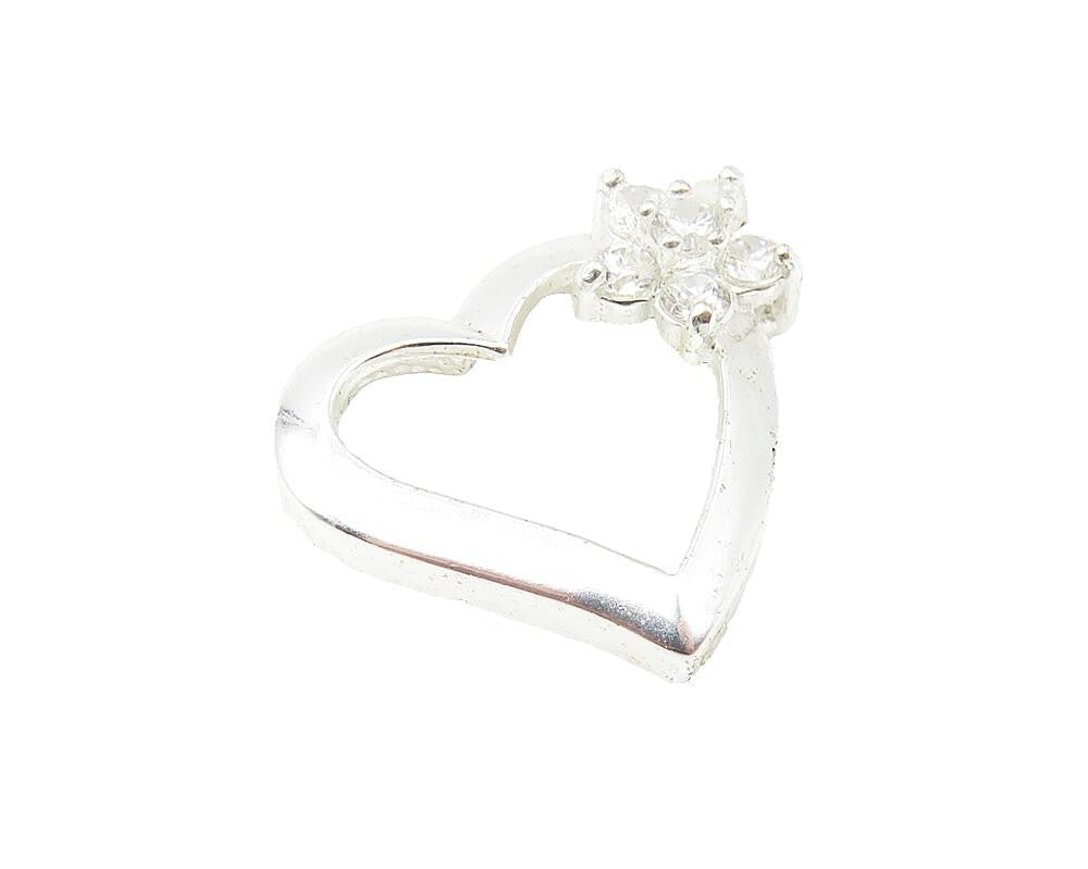 925 Sterling Silver  White Topaz Floral Cluster Love Heart Pendant  PT8713