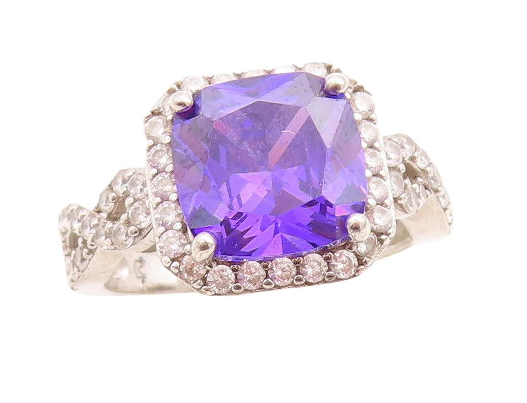 925 Sterling Silver Vintage Ring Square Cut Purple Halo White CZ  Sz 8  RG31496