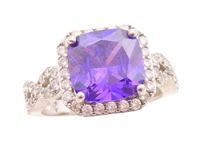 925 Sterling Silver Vintage Ring Square Cut Purple Halo White CZ  Sz 8  RG31496