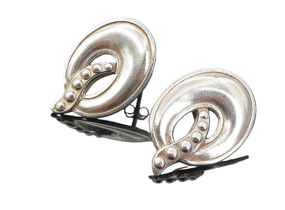 MEXICO 925 Sterling Silver  Vintage Shiny Open Oval Drop Earrings  EG4091